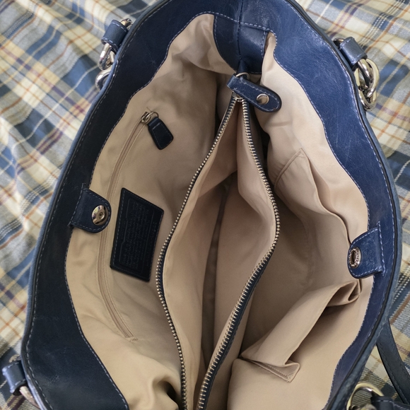 Coach Perforated Navy Leather Shoulder Bag with Silver Hardware - Picture 2 of 4